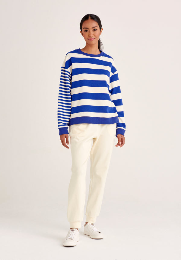 Paisie Contrast Stripe Sweatshirt in Marine Blue and Cream